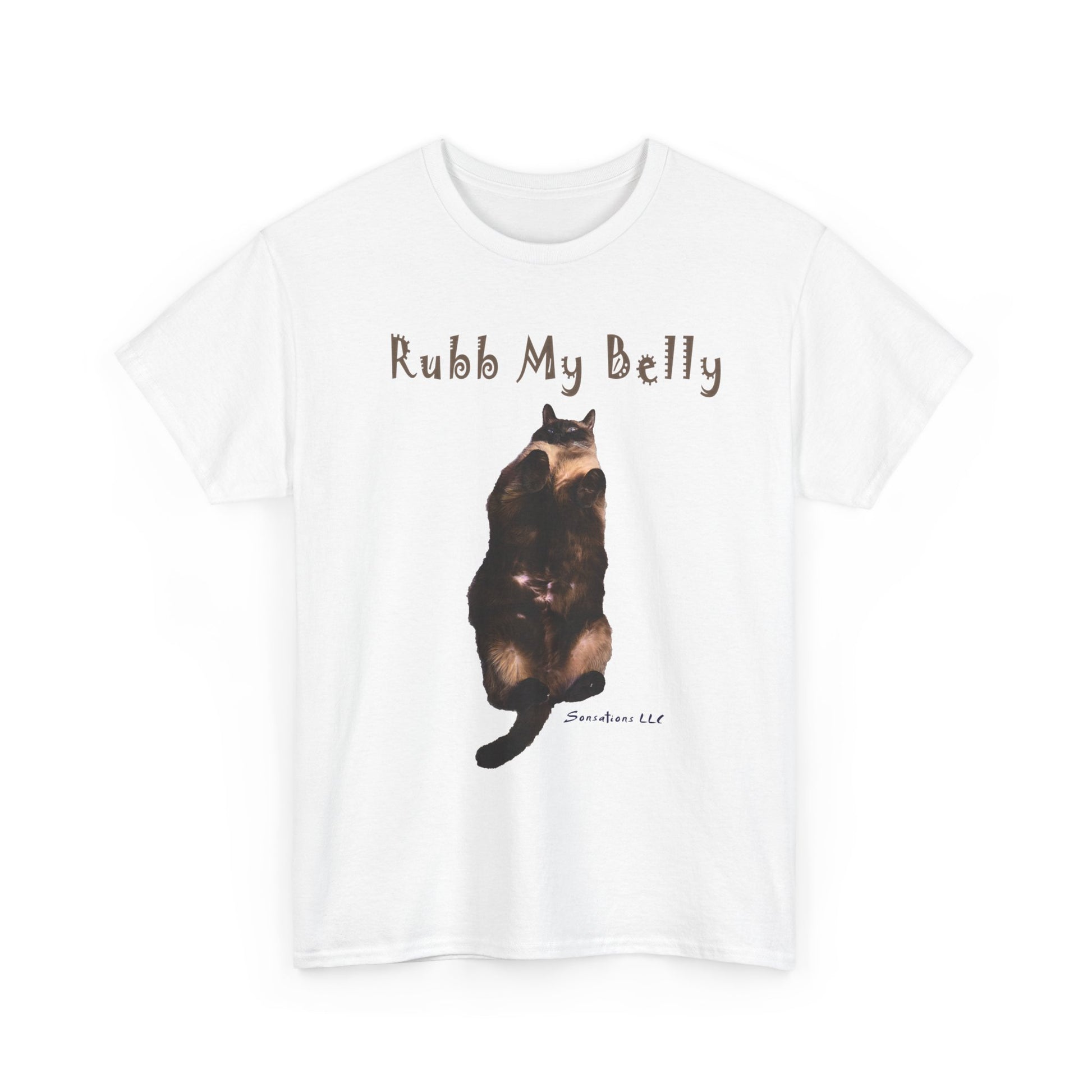 Funny graphic t-shirts for gifts featuring a playful cat design with the text Rubb My Belly