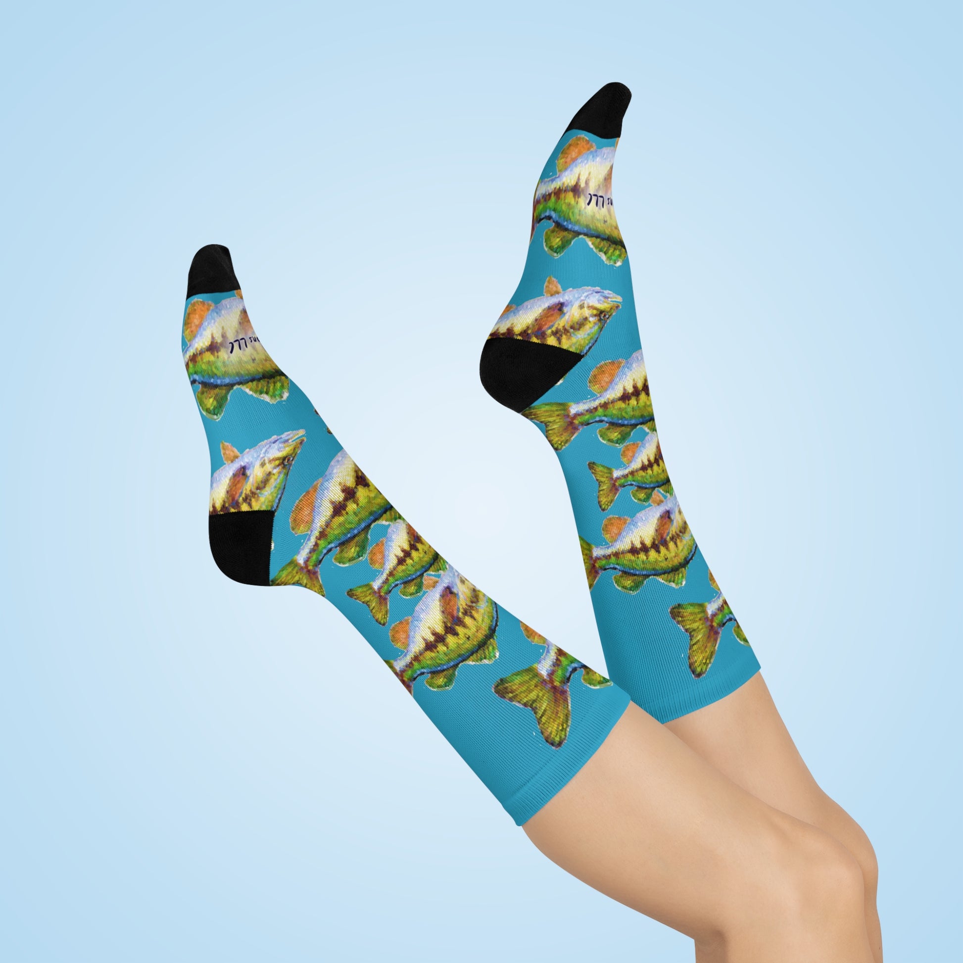 Colorful all over print socks featuring fish design, perfect gift socks for anglers