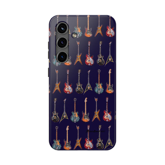 Colorful guitar tough phone cases featuring various electric guitars on a dark background