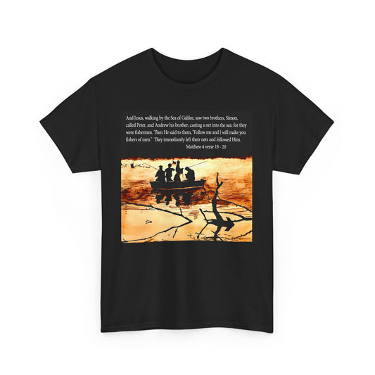 Black T-Shirt featuring a biblical quote and silhouette design inspired by Matthew 4:19