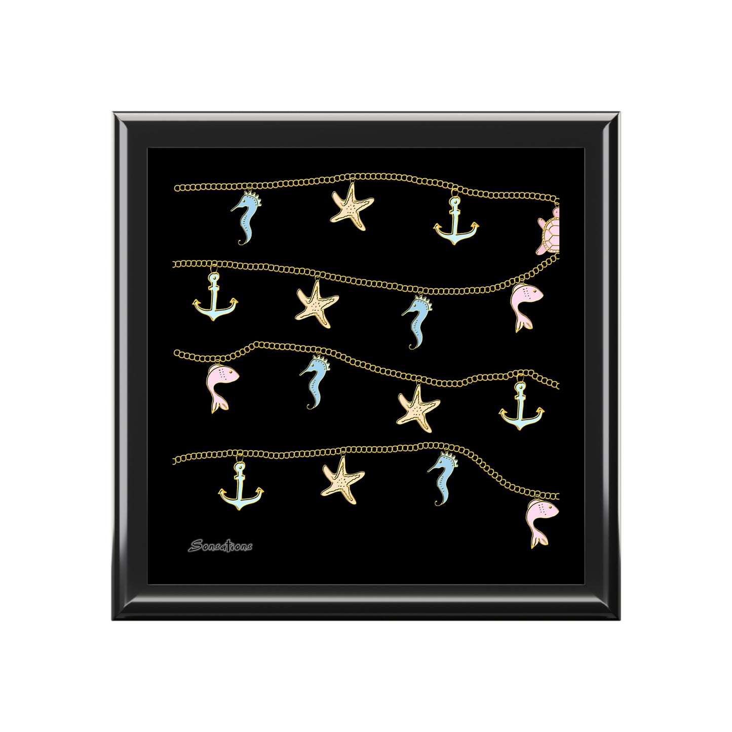 Elegant inspirational jewelry box featuring marine-themed designs with starfish and anchors