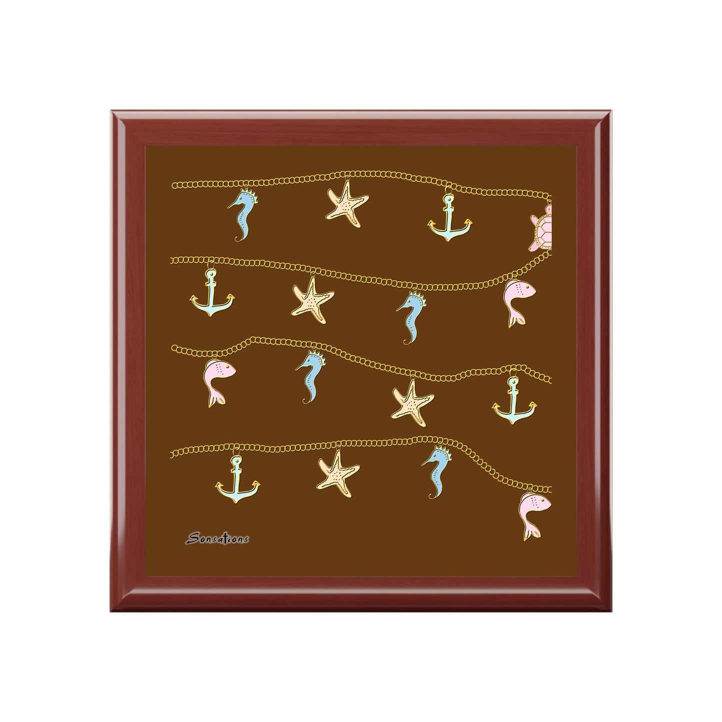 Elegant inspirational jewelry box with nautical designs featuring anchors, seahorses, and stars