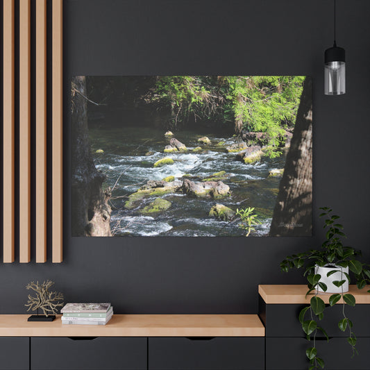 River Rapids Canvas Art showcasing a serene river with greenery and rocks, perfect for home decor