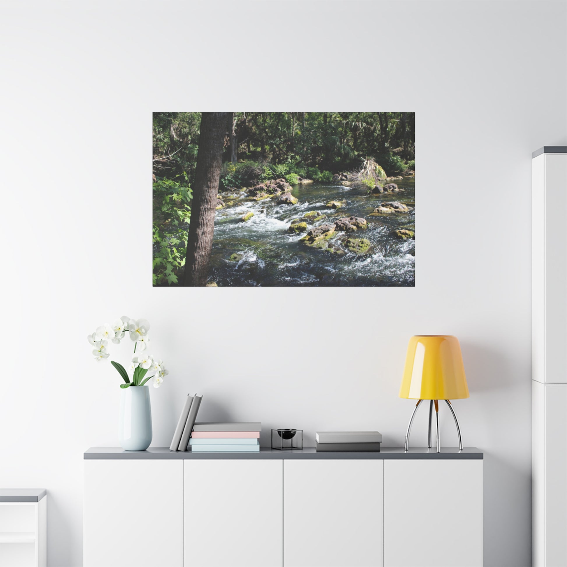 Beautiful River Rapids Print Gift displayed on a wall featuring lush greenery and flowing water