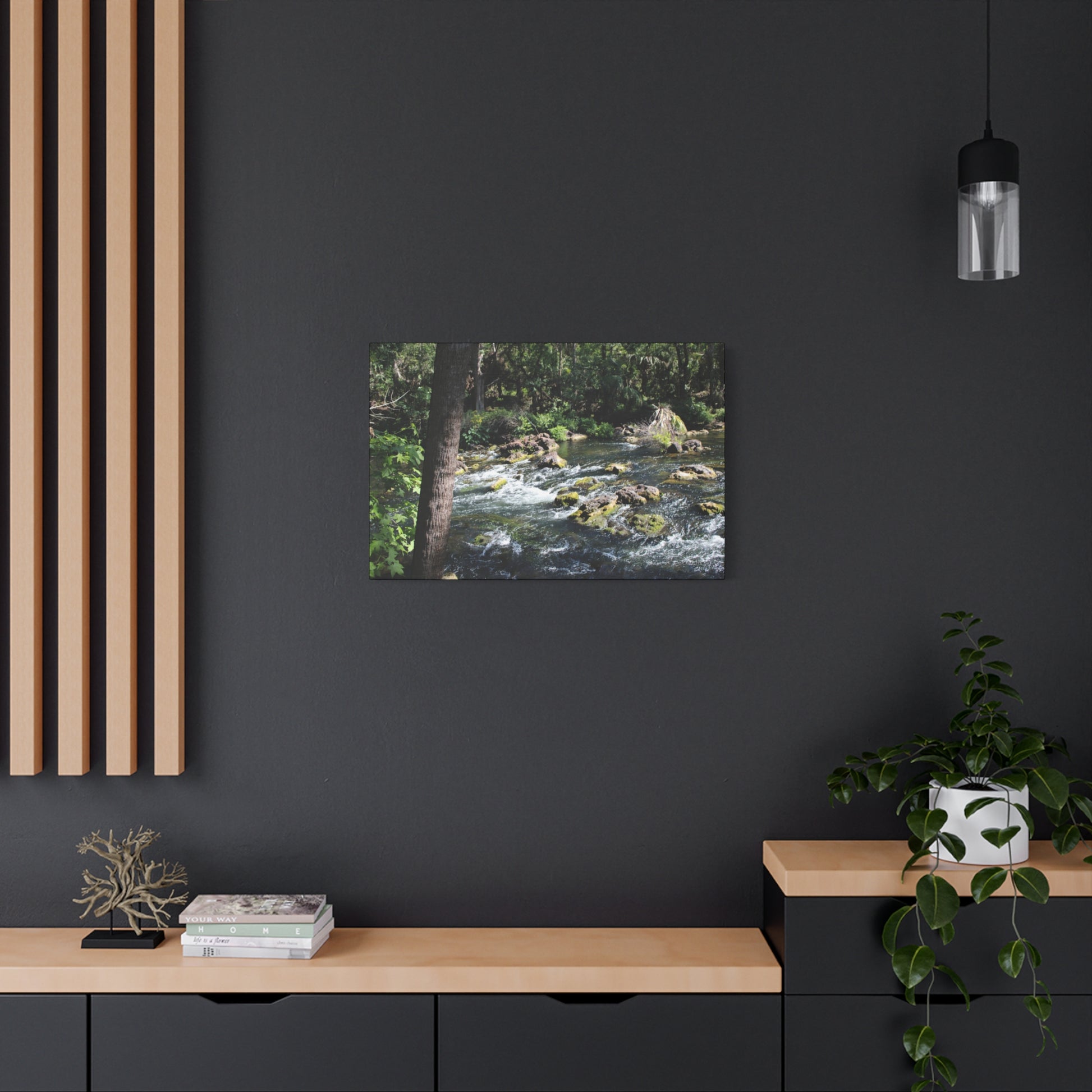 River Rapids Print Gift on a modern wall, showcasing serene green nature and flowing water