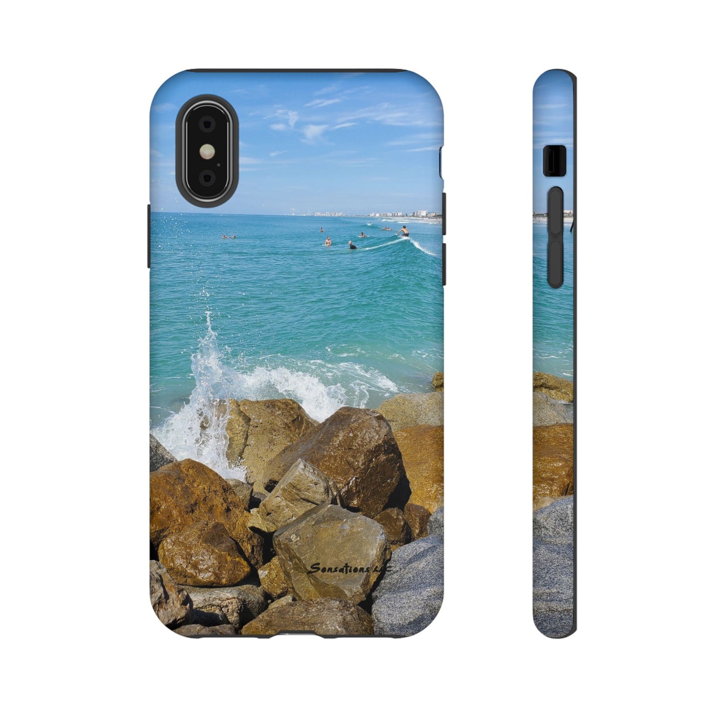 Surfer theme phone cover featuring a scenic ocean view with waves crashing on rocks