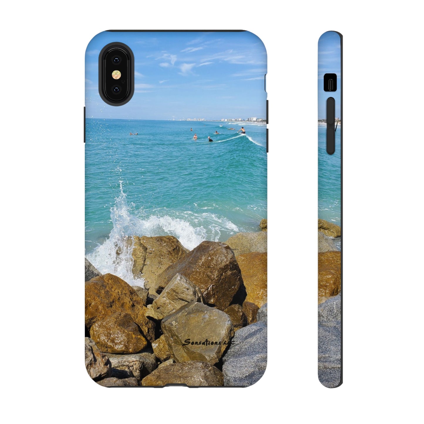 Surfer theme phone cover featuring a scenic beach view with waves and rocks