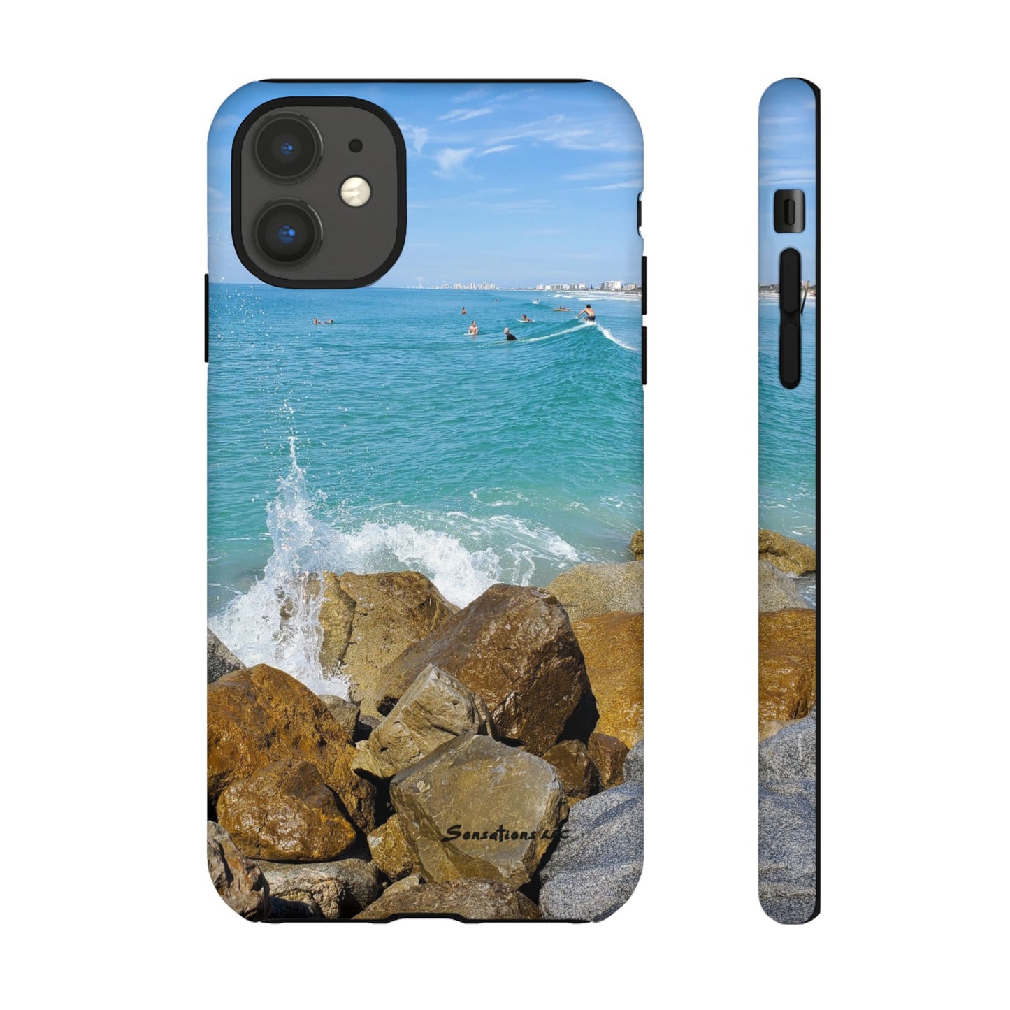 Surfer theme phone cover featuring a scenic ocean view and rocky shoreline design