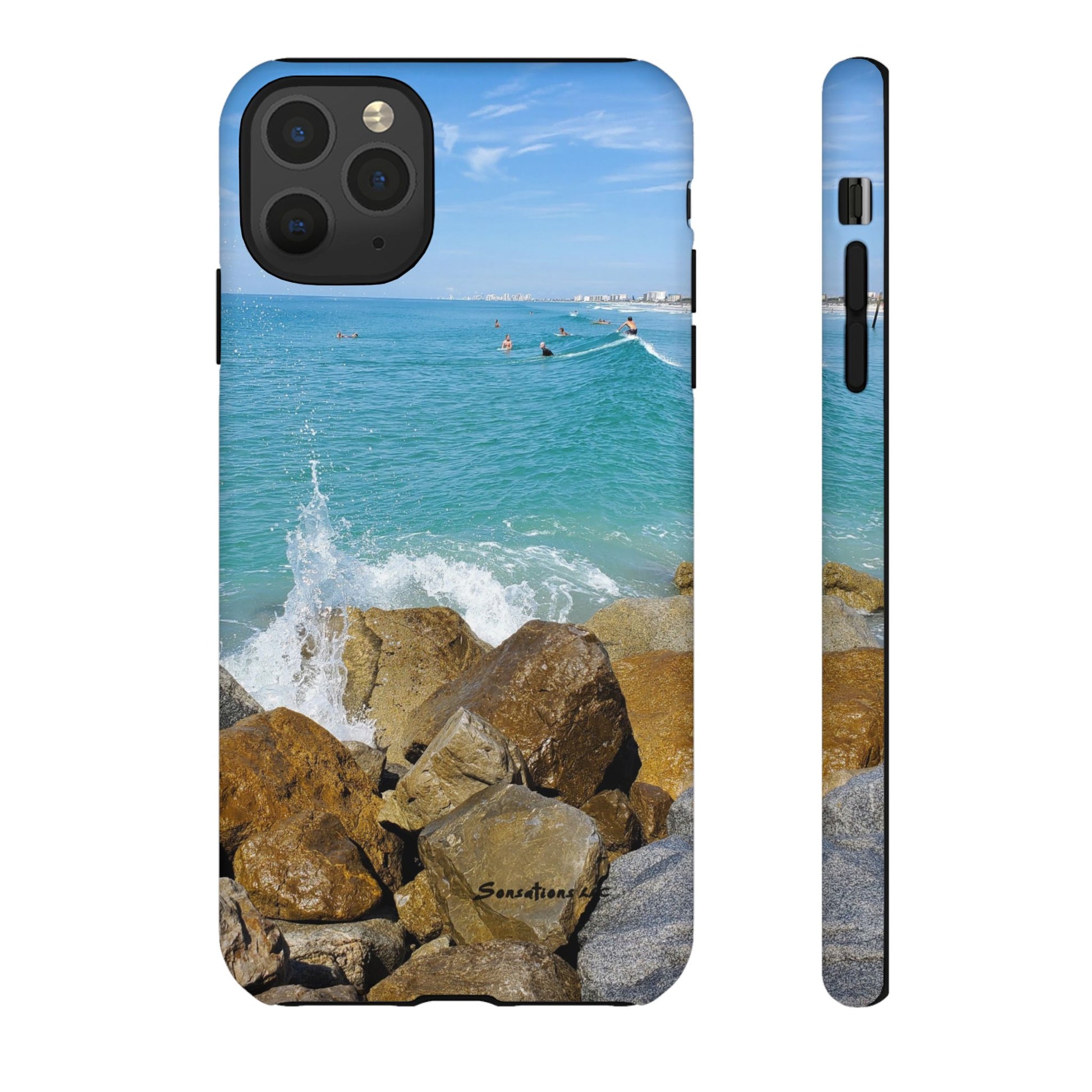 Surfer theme phone cover featuring a scenic ocean view with rocks and waves for a stylish look