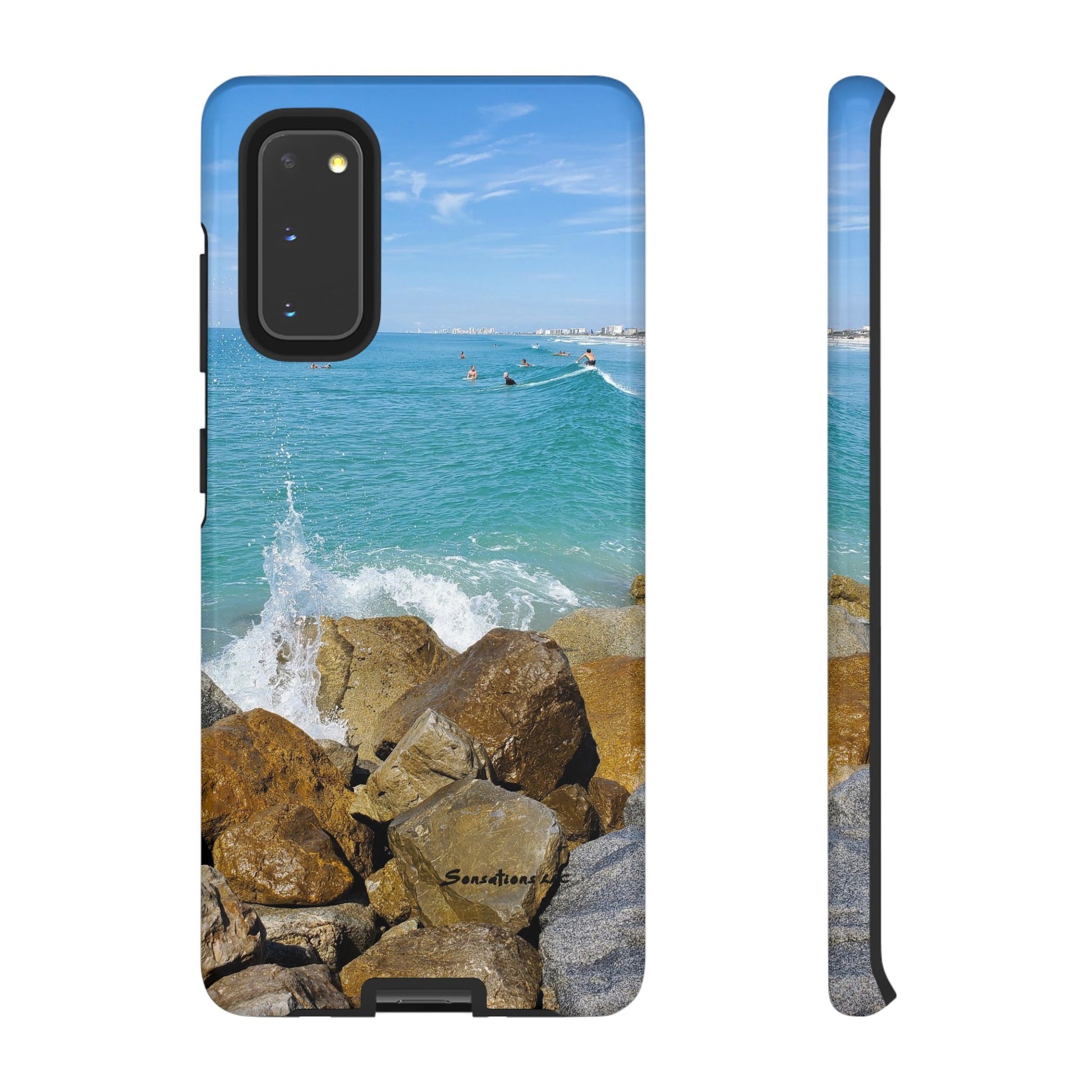 Surfer theme phone cover featuring ocean waves and rocky shores for beach enthusiasts
