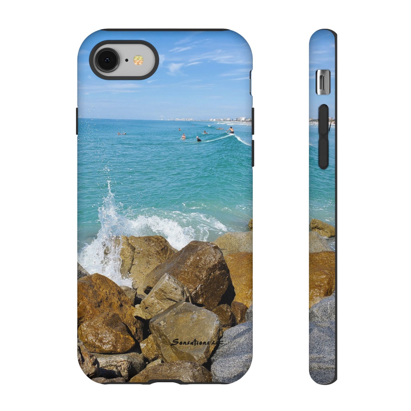 Surfer theme phone cover featuring a scenic ocean view with surfers riding waves and rocky shoreline