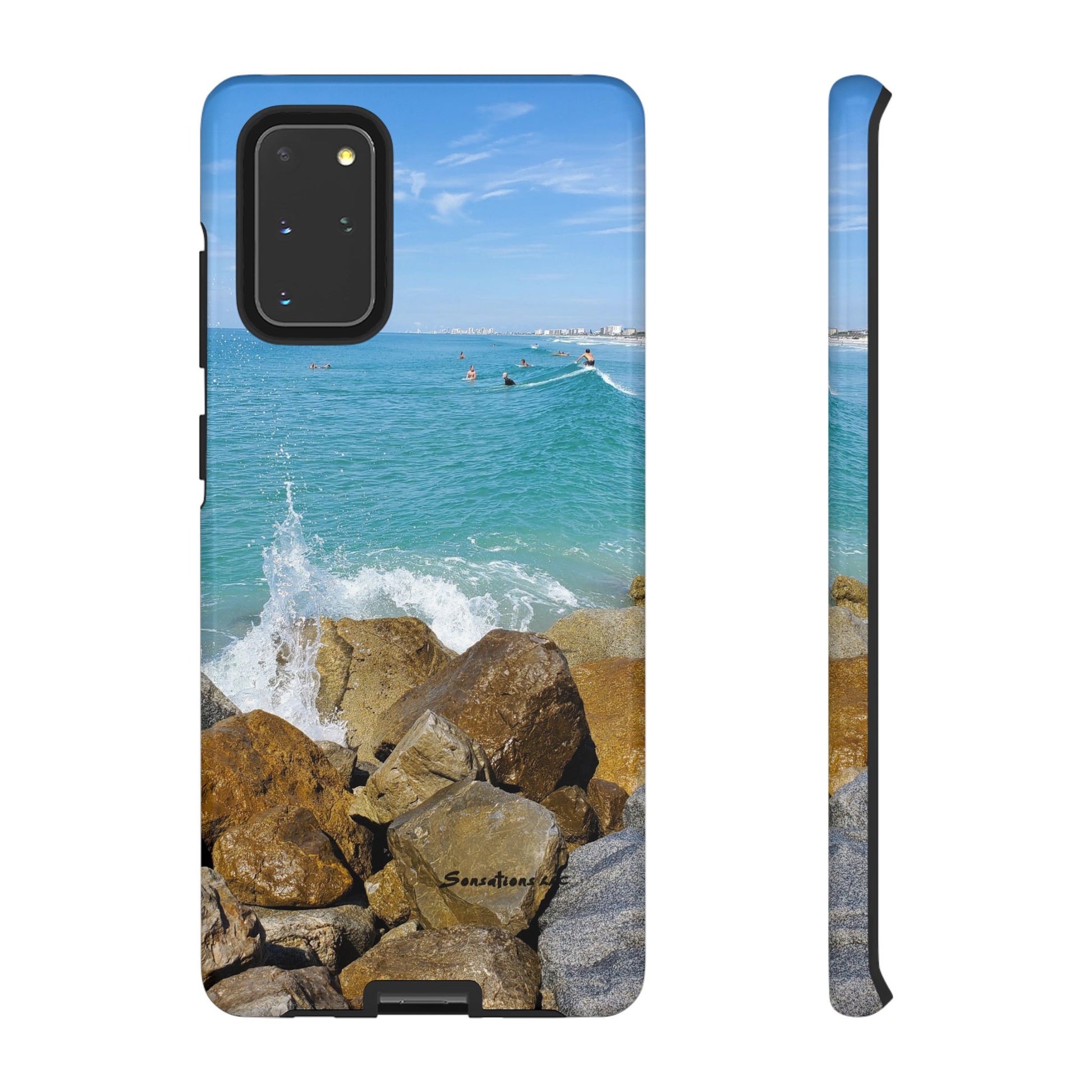 Surfer theme phone cover featuring ocean waves and rocky coastline view
