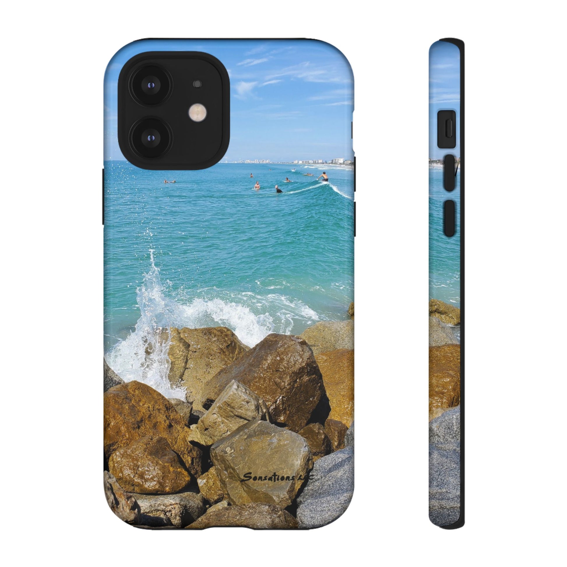 Surfer theme phone cover featuring a scenic beach view with rocks and waves for style and protection
