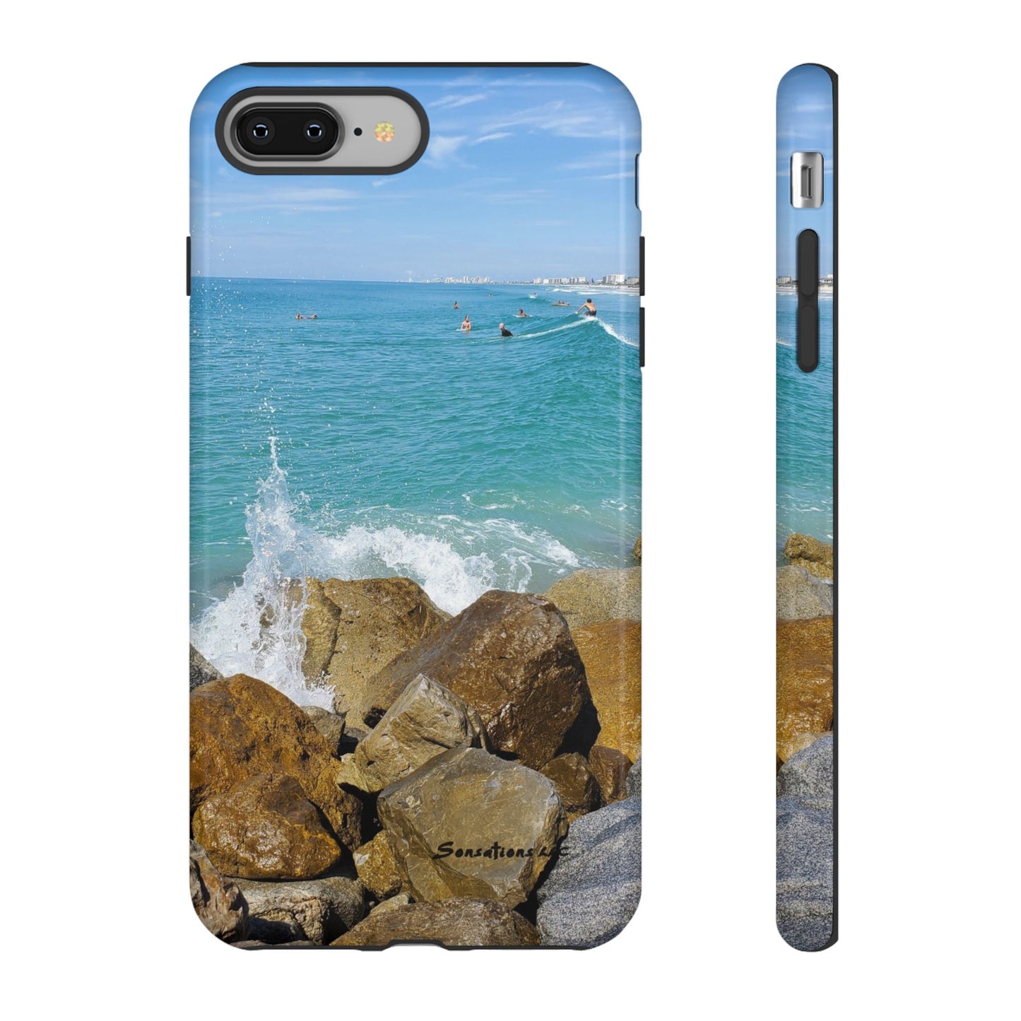 Surfer theme phone cover featuring a scenic beach view with rocks and clear blue water