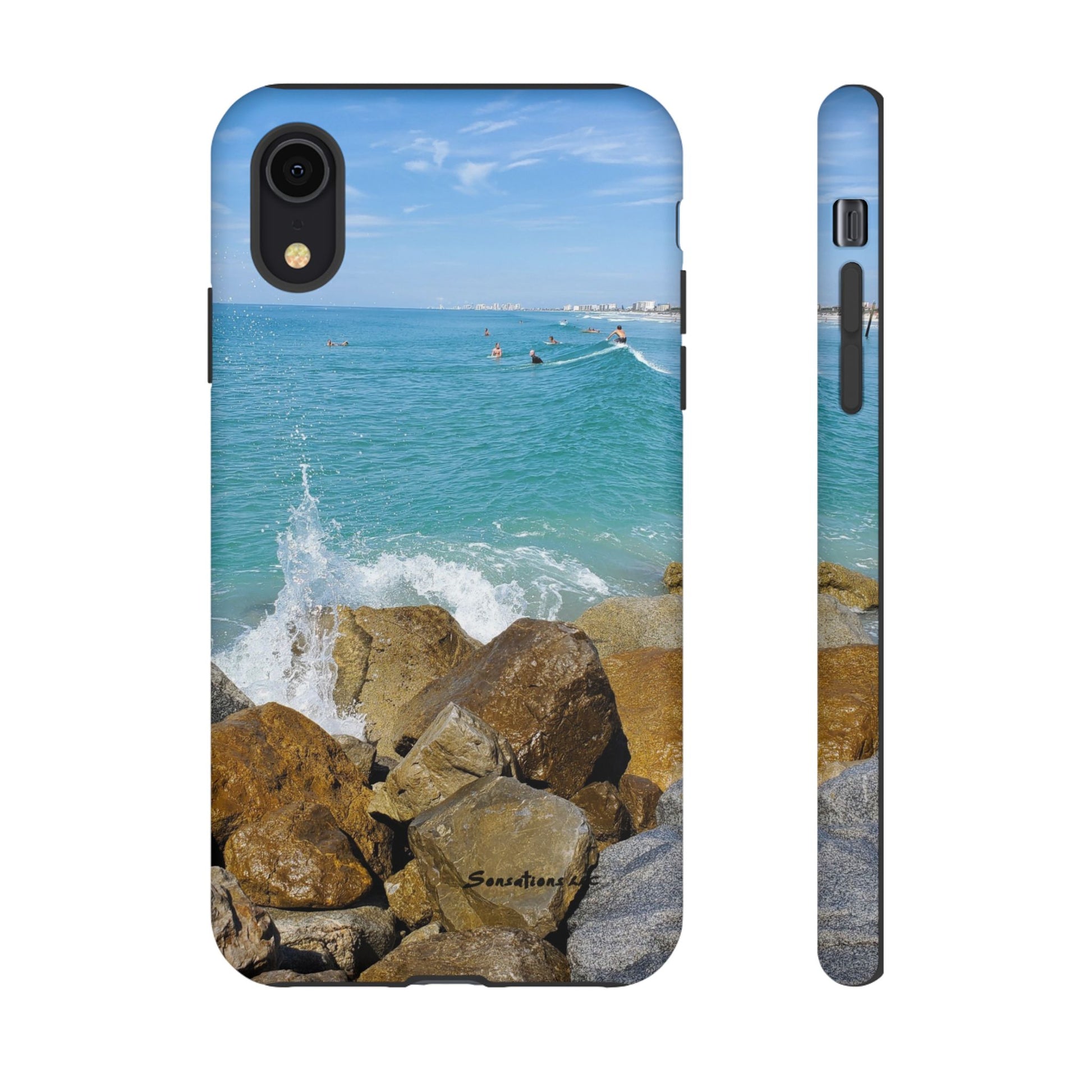 Surfer theme phone cover featuring a vibrant ocean scene with waves and rocks