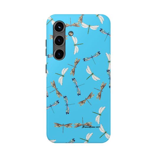 Colorful dragonfly phone case with a blue background and intricate dragonfly designs