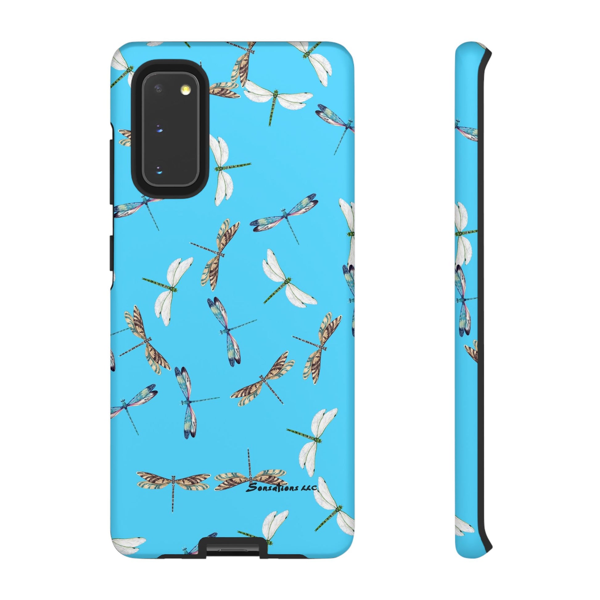Dragonfly phone case in blue with colorful dragonfly patterns for stylish protection
