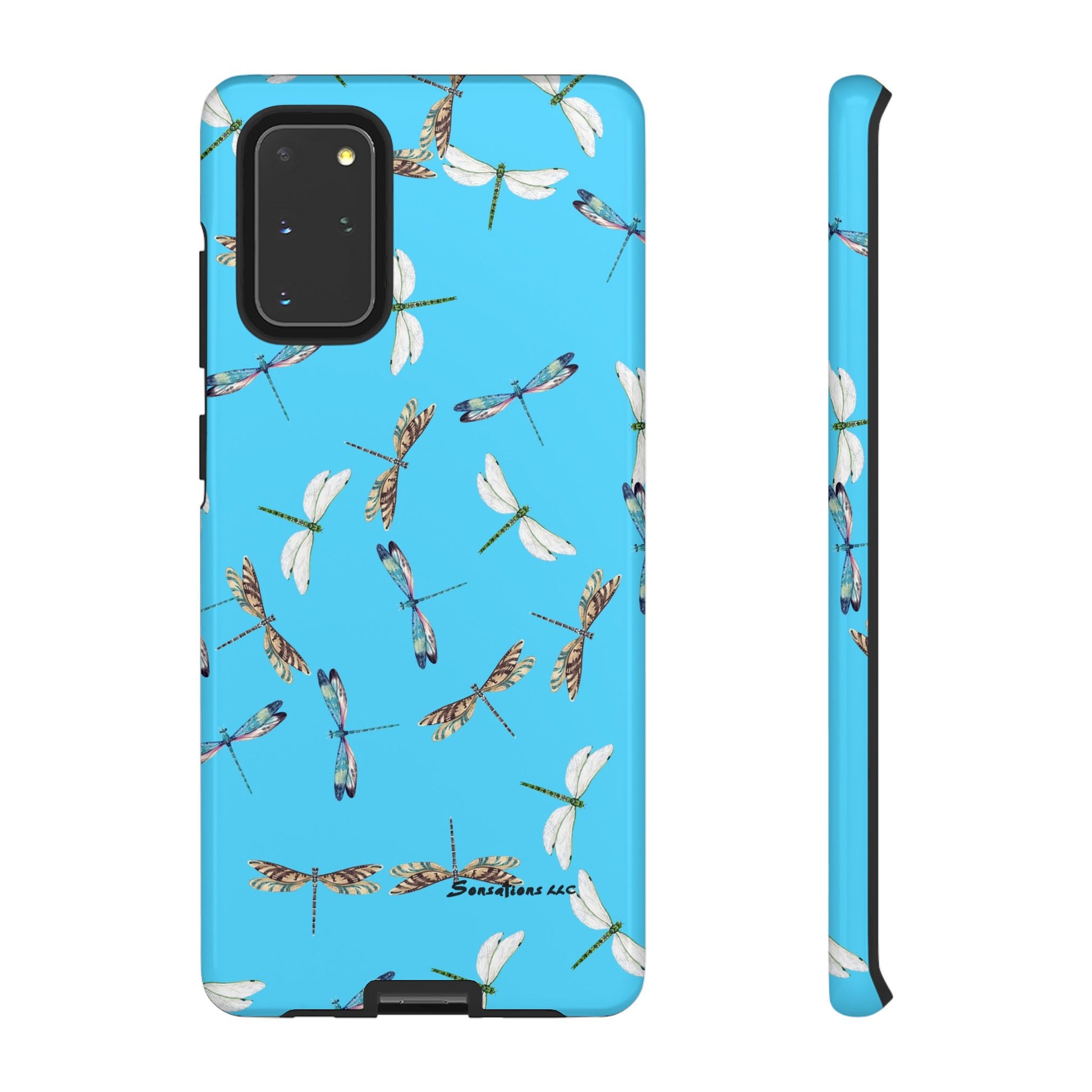 Colorful dragonfly phone case with a blue background and intricate insect patterns for protection