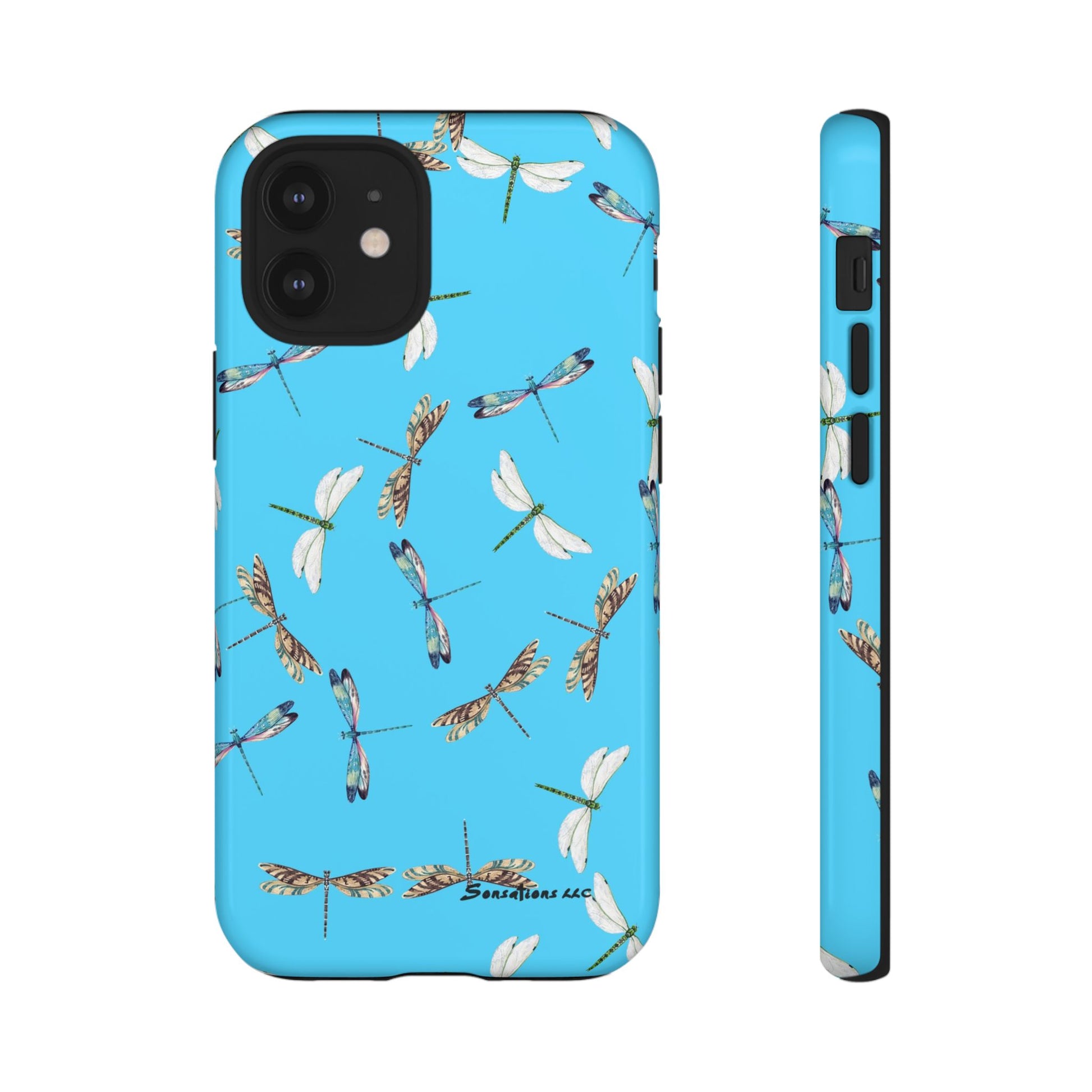 Vibrant dragonfly phone case featuring colorful illustrations on a blue background