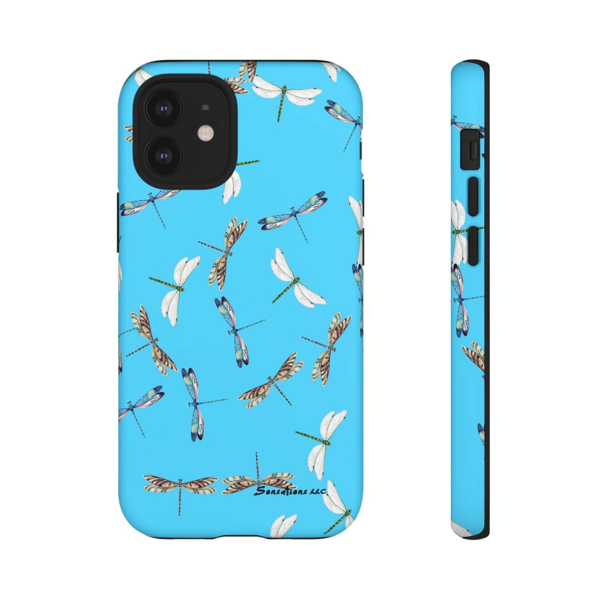 Colorful dragonfly phone case with a vibrant blue background and intricate dragonfly designs