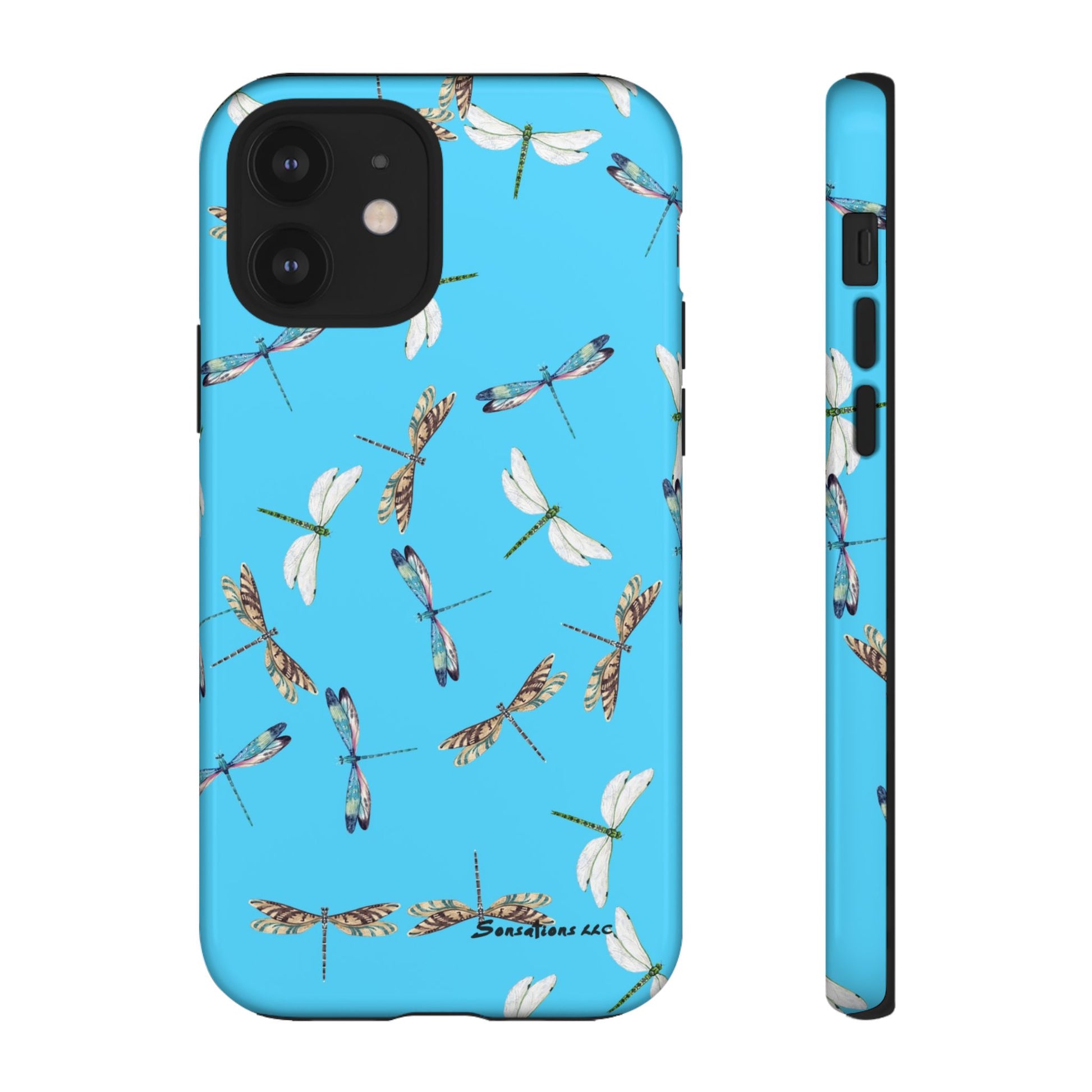 Vibrant dragonfly phone case featuring a blue background and colorful dragonfly designs