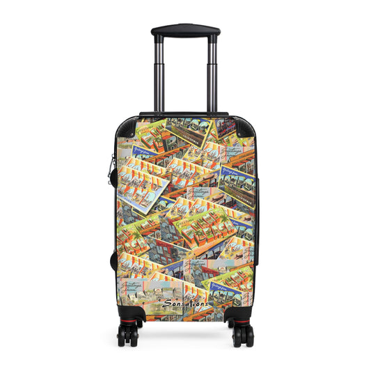 Colorful Retro Postcard Luggage with a Unique Design Ideal for Travelers