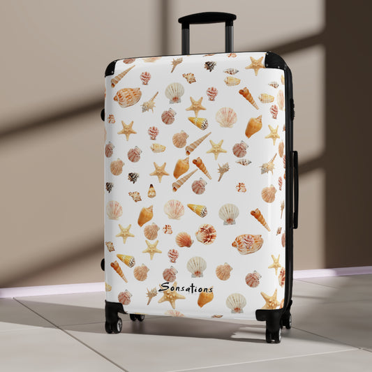 Seashell pattern suitcase featuring colorful sea shells and starfish for stylish travel