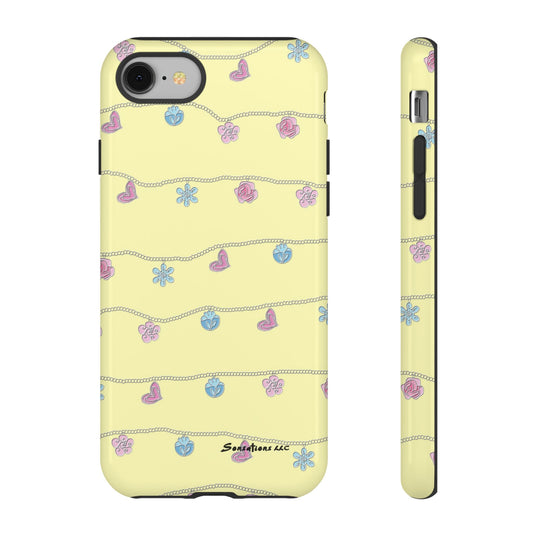 Charming yellow charms tough phone case with decorative hearts and flowers for durable protection
