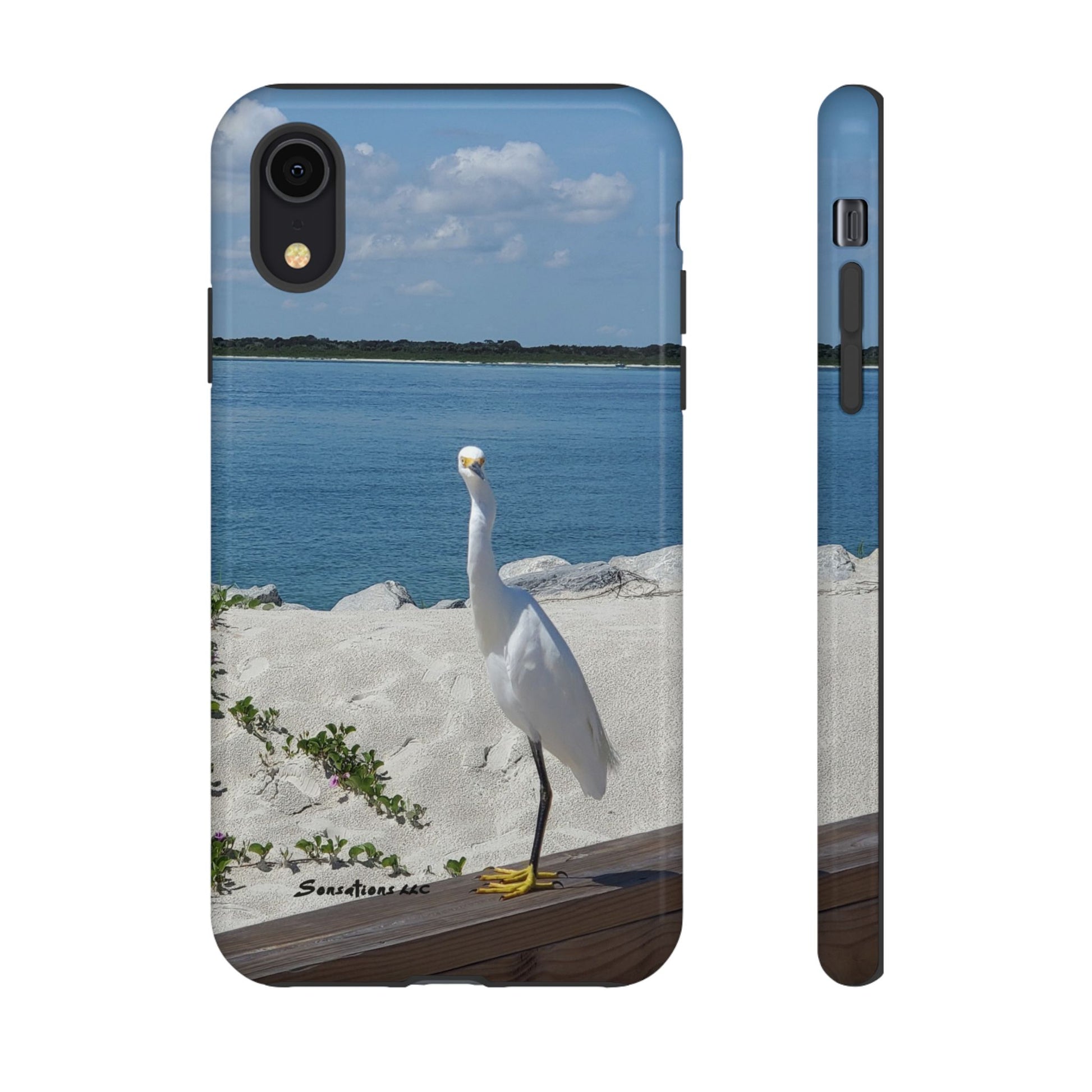 White bird phone case featuring a great egret by the water on a sunny day