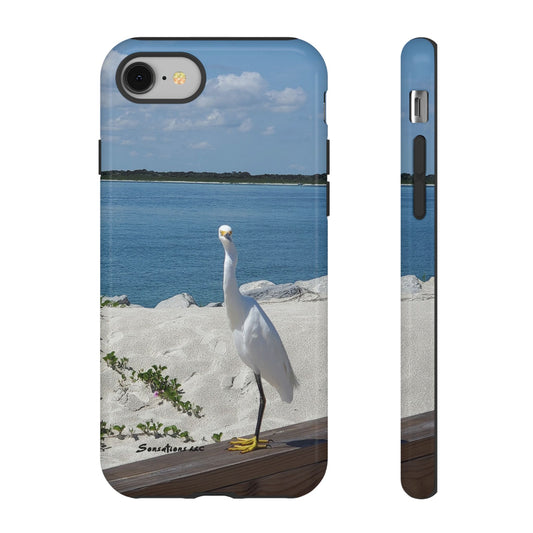 White bird phone case featuring a white egret standing by the water for a stylish look