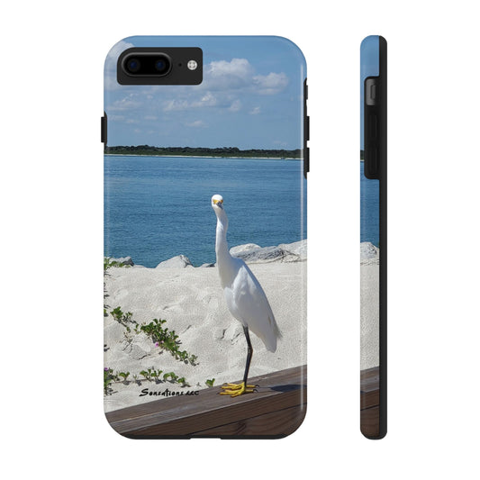 White bird phone case featuring a scenic view of a bird by the beach