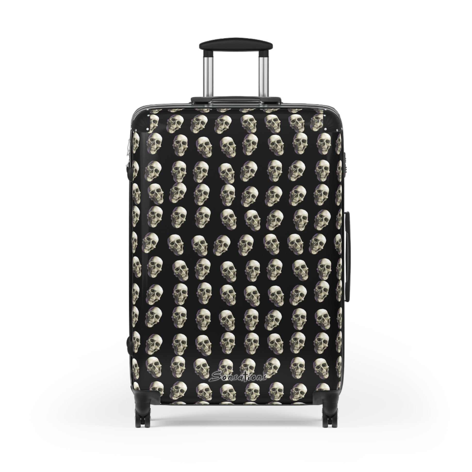 Skull print suitcase with multiple skull designs on a black background for stylish travel