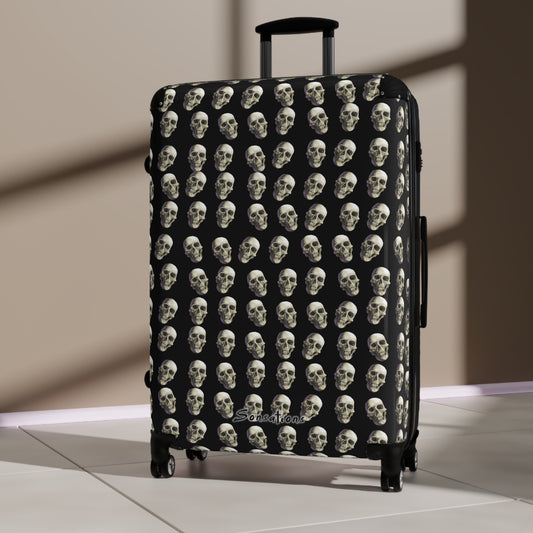 Skull print suitcase featuring an all-over skull pattern for stylish travel enthusiasts
