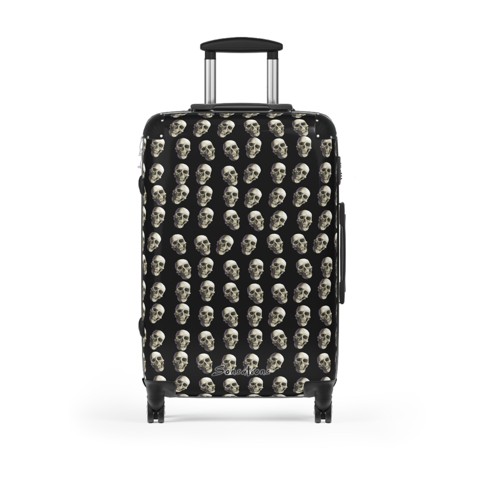 Skull print suitcase featuring a black design with multiple skulls, perfect for stylish travel
