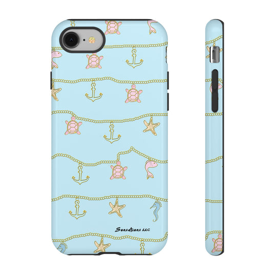 Cute anchor phone case featuring a sea theme with turtles and stars on a blue background
