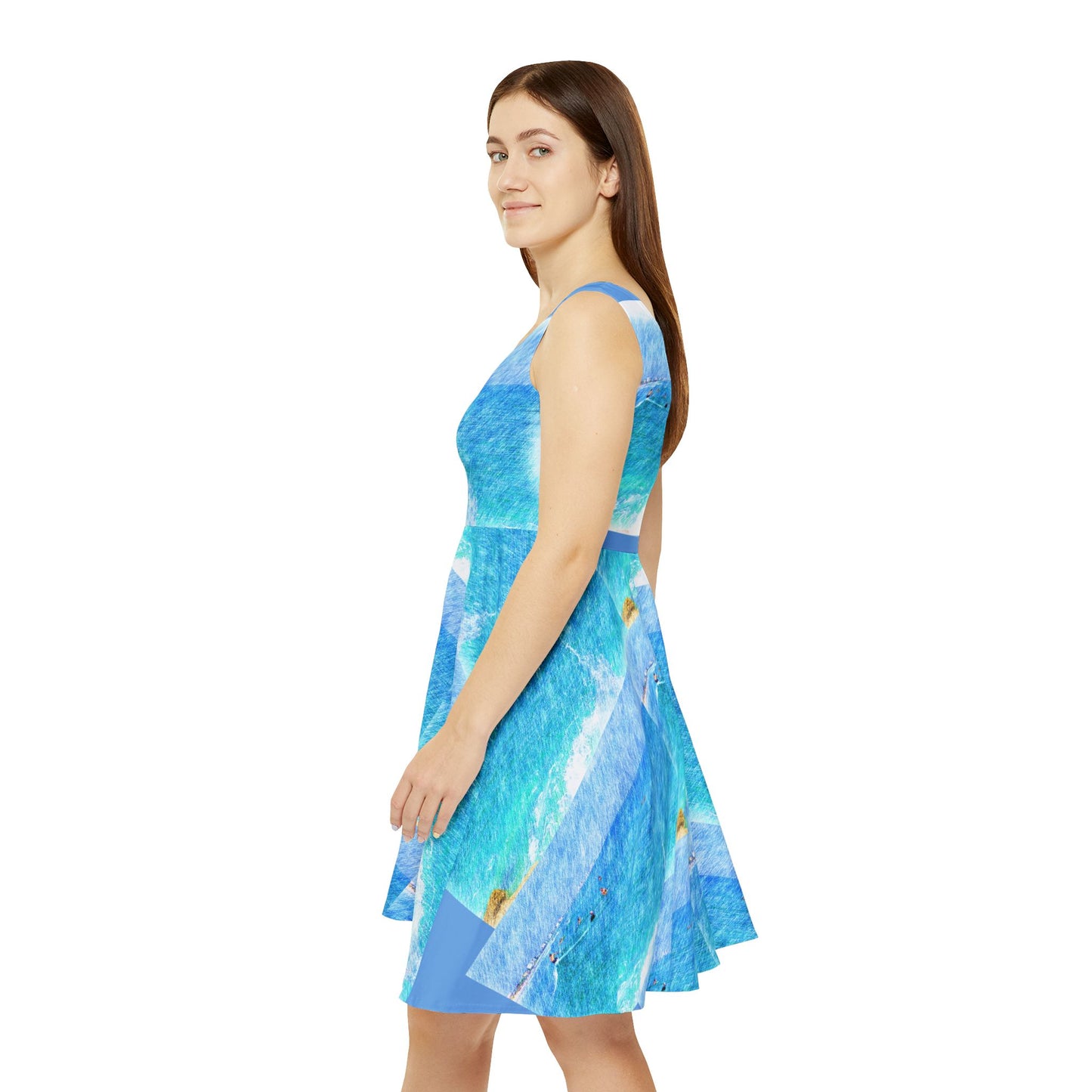 Surf inspired women's dress in blue with vibrant ocean print perfect for summer outings