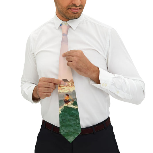 Surf-themed necktie featuring a vibrant beach scene with a surfer and ocean waves