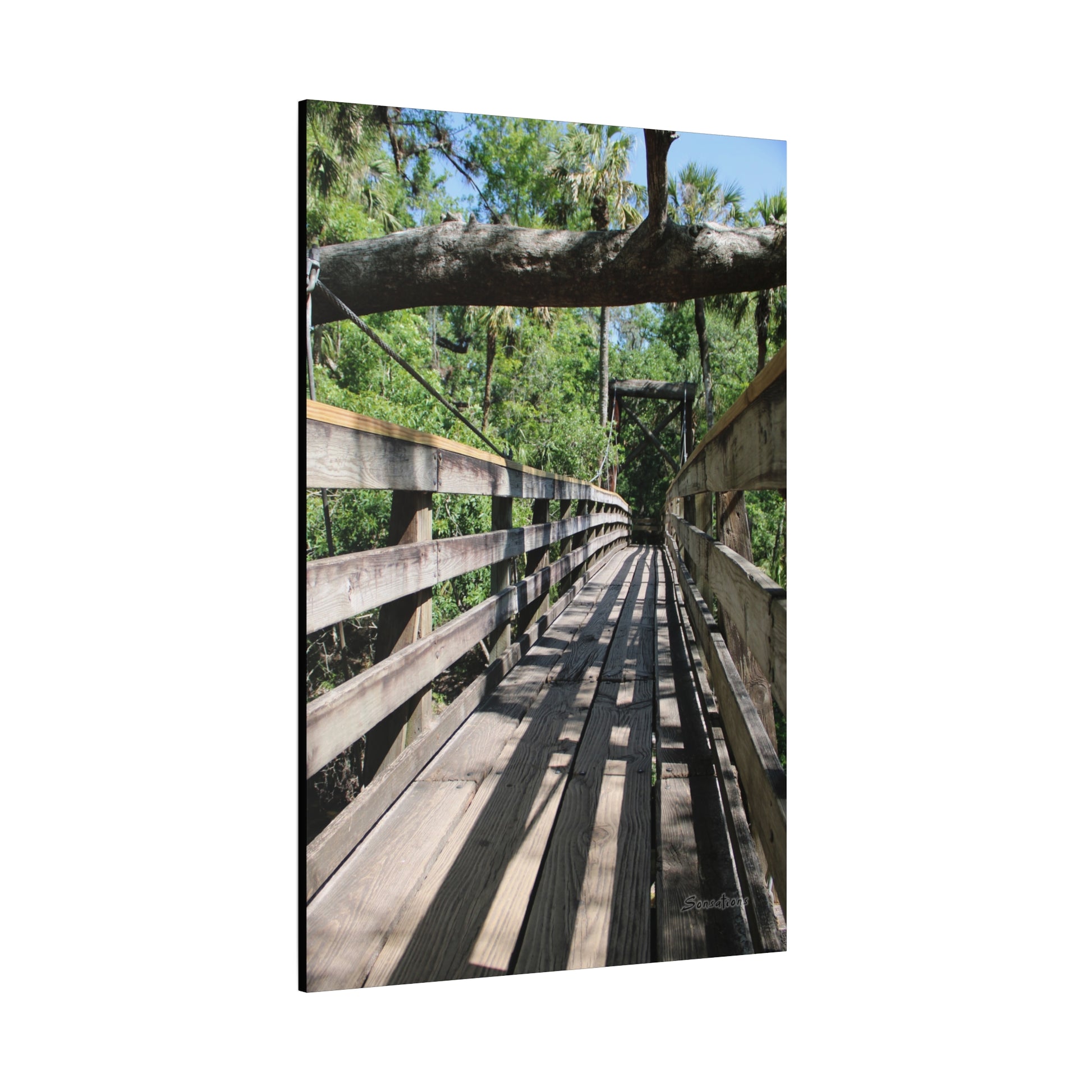 Tranquil bridge nature wall art featuring a wooden walkway surrounded by lush greenery