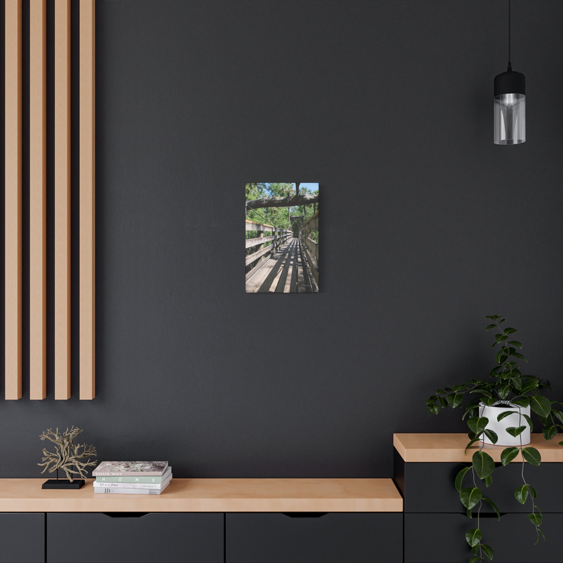 Tranquil bridge nature wall art depicting a serene bridge in a lush green landscape