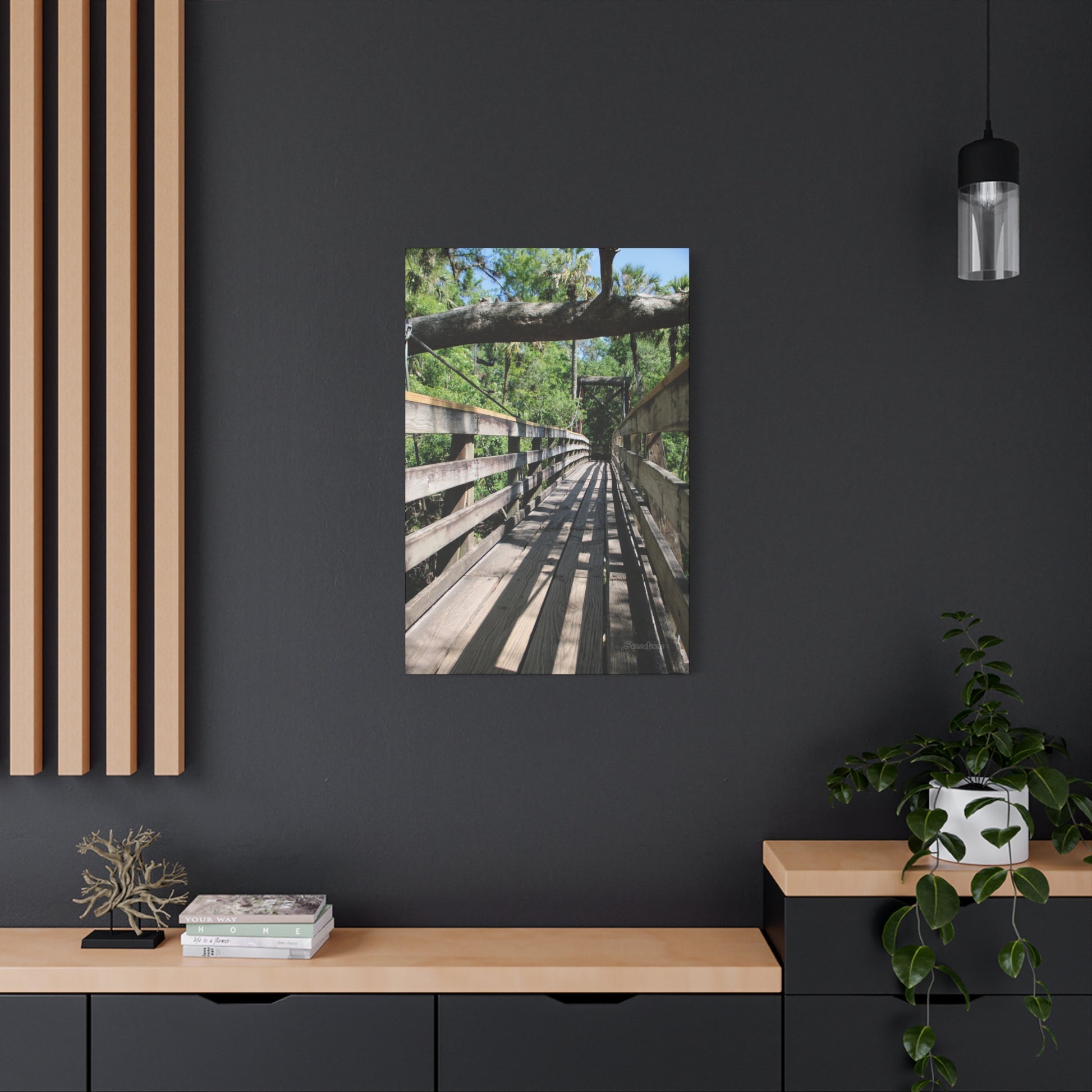 Tranquil bridge nature wall art featuring a serene wooden path surrounded by lush greenery