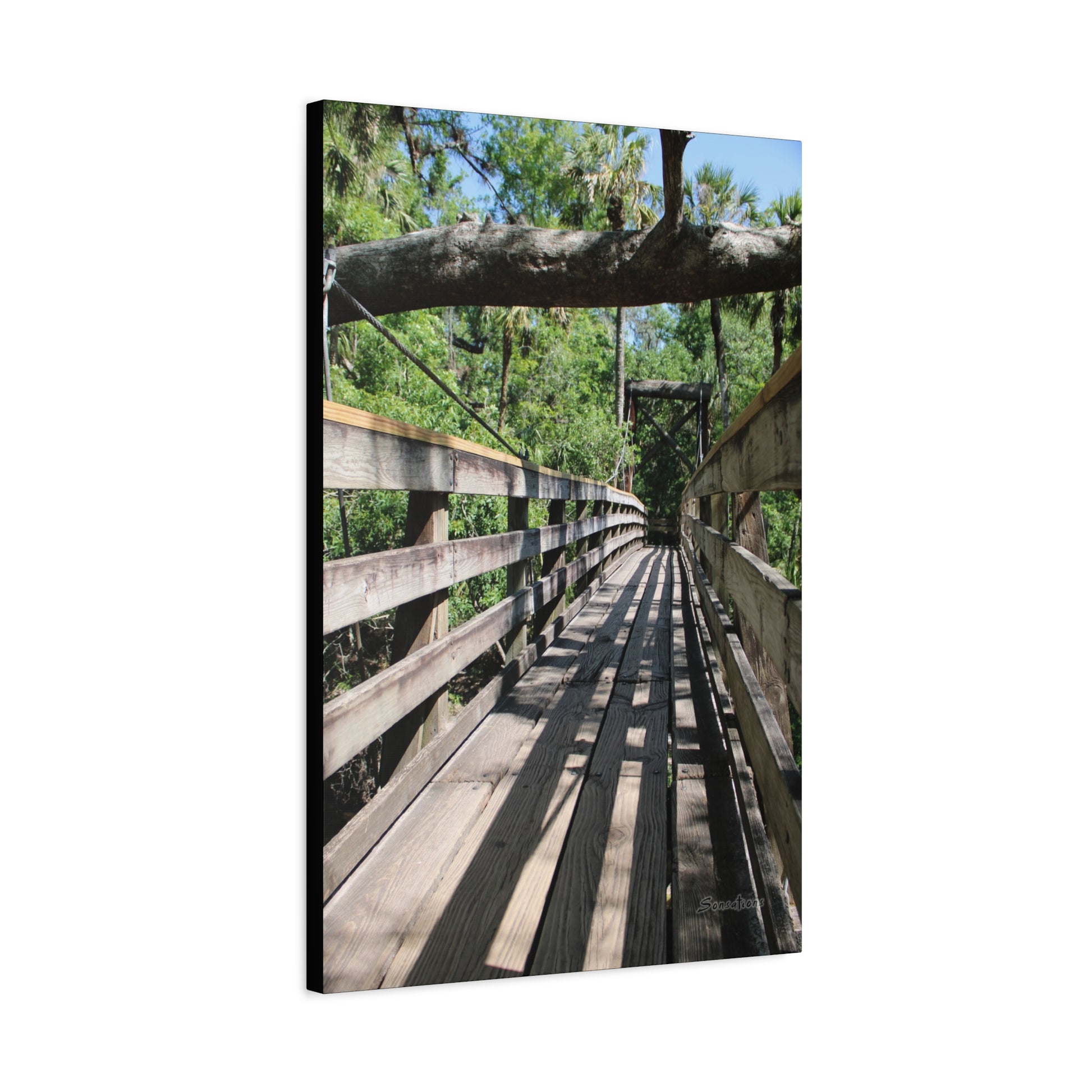 Tranquil bridge nature wall art showcasing a serene wooden path through lush greenery