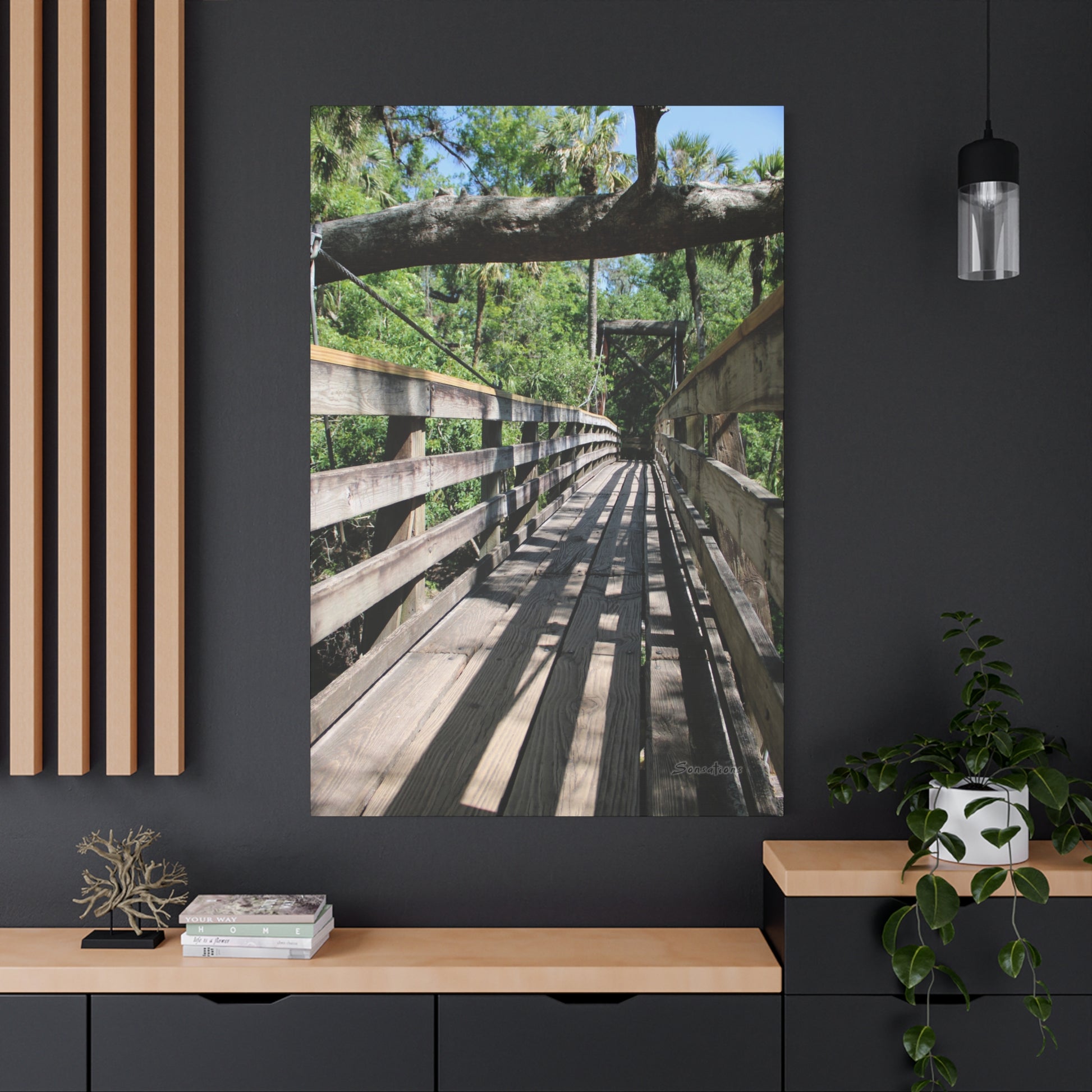 Tranquil bridge nature wall art featuring a wooden pathway surrounded by lush greenery