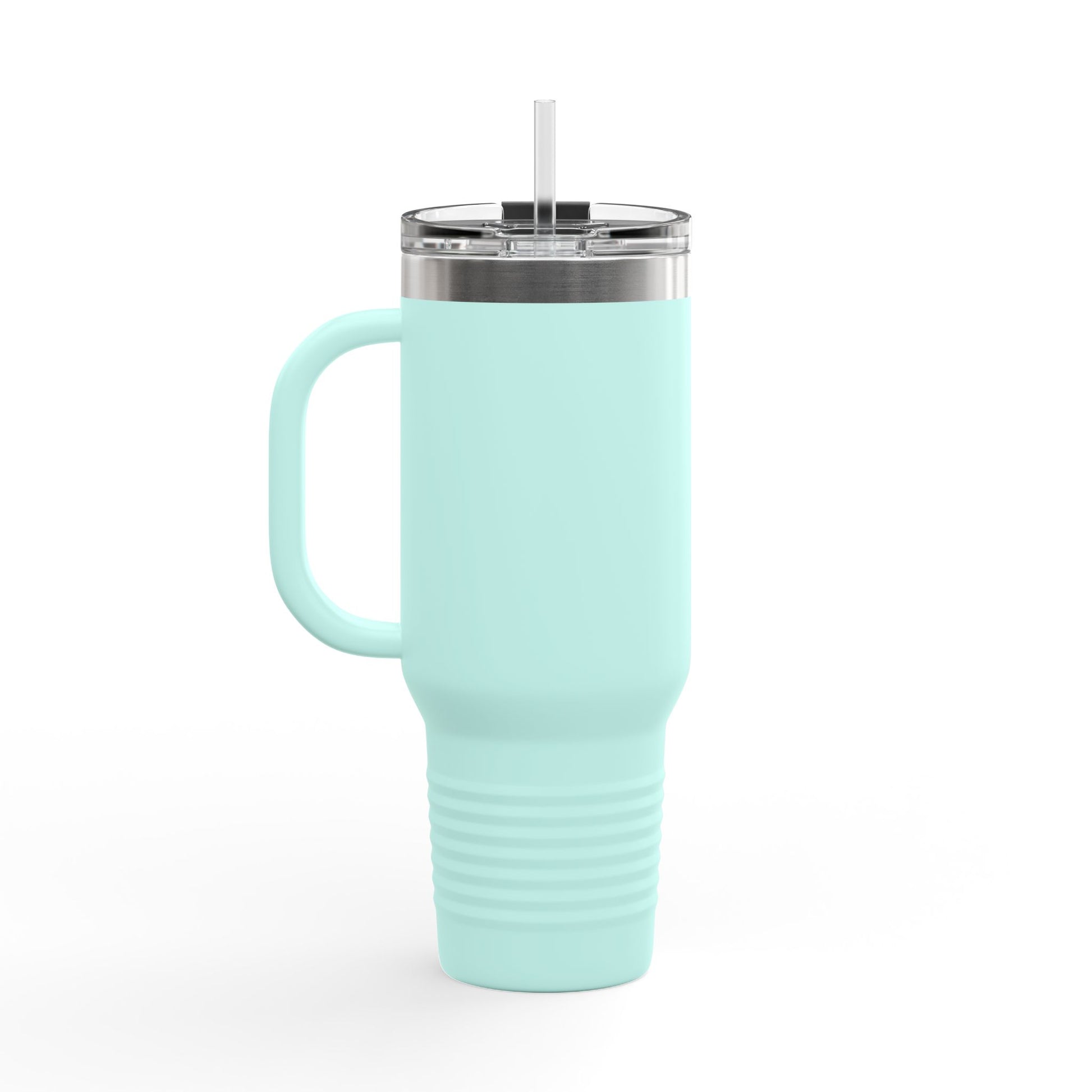I Love You More travel mug in mint green with a handle and reusable straw for on-the-go enjoyment