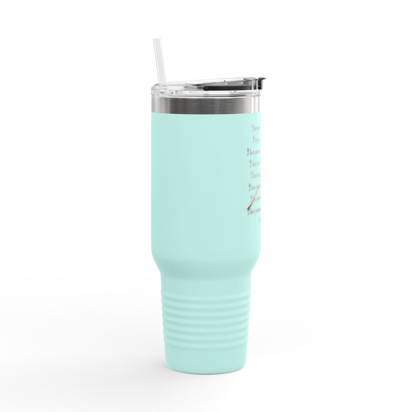 I Love You More travel mug in turquoise with a sturdy design and a reusable straw for on-the-go use