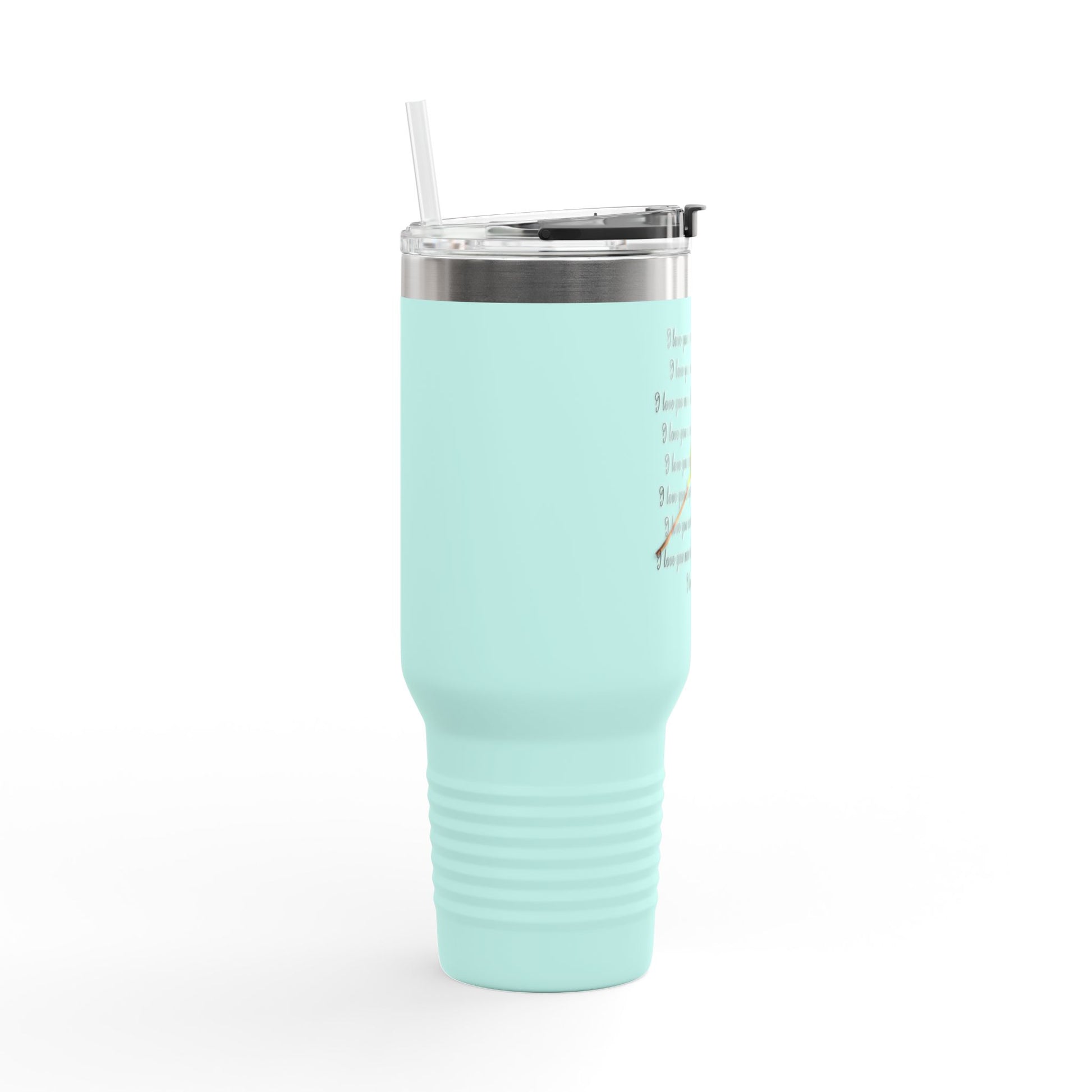 I Love You More travel mug in turquoise with a sturdy design and a reusable straw for on-the-go use