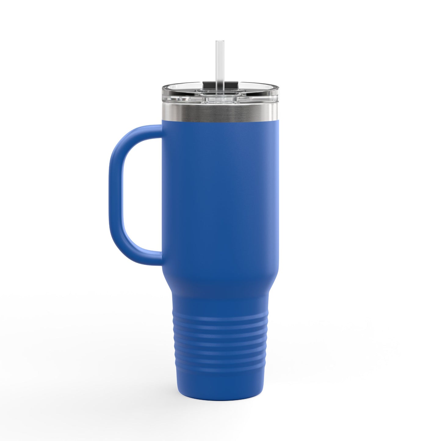 I Love You More travel mug in blue with a handle and straw for easy sipping on the go