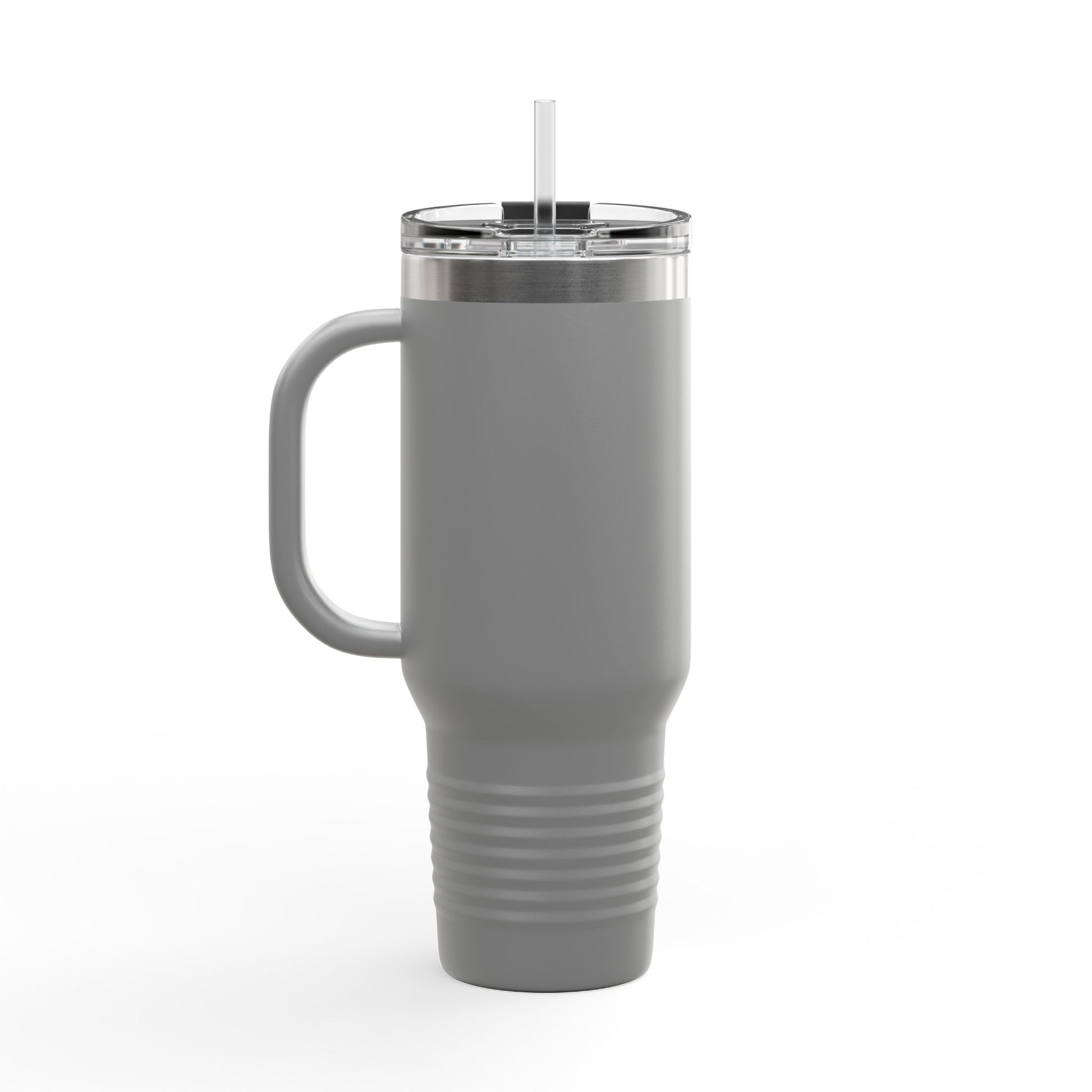 I Love You More travel mug in grey with a sturdy handle and clear lid for enjoying beverages on the go