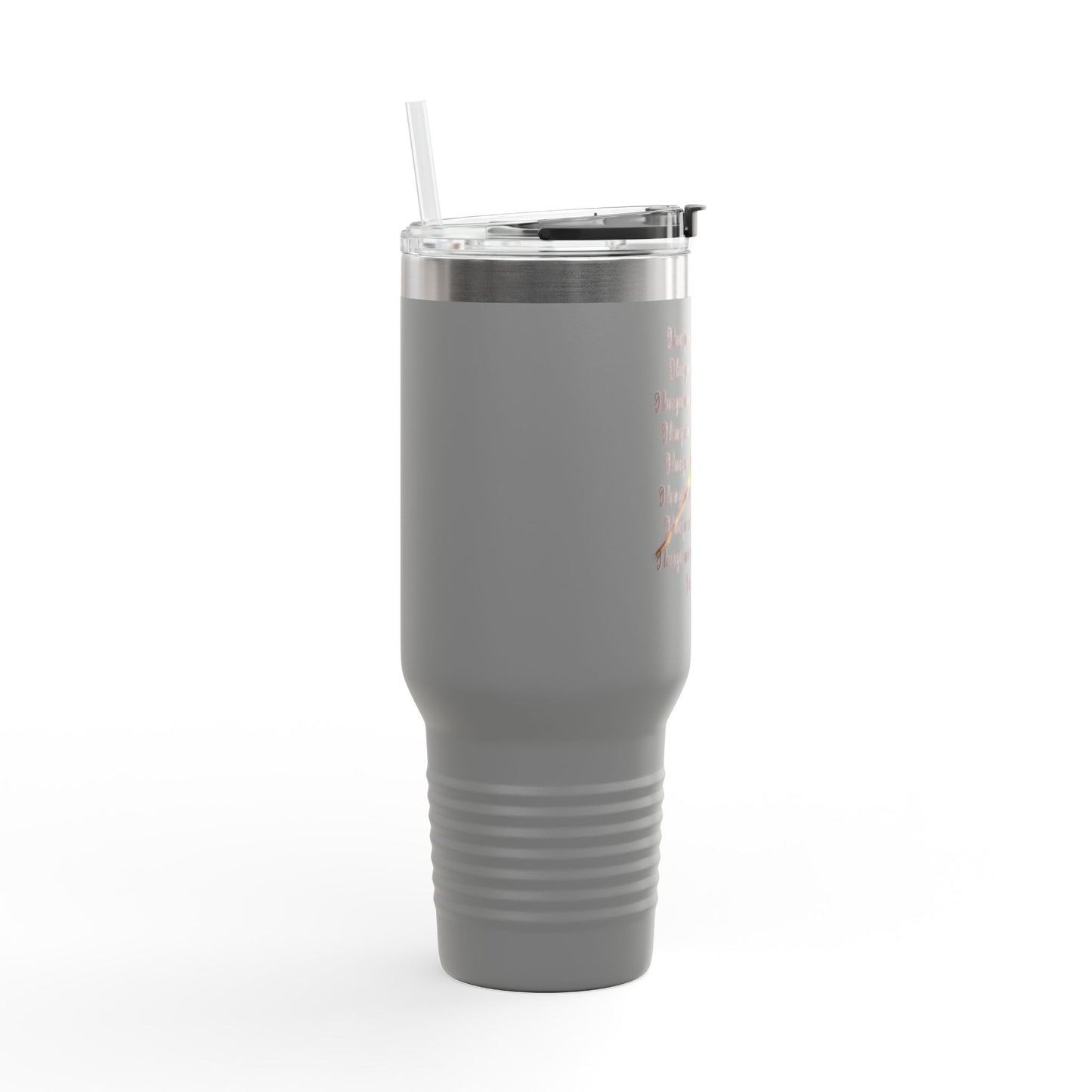 I Love You More travel mug in gray featuring a clear lid and straw for on-the-go beverages
