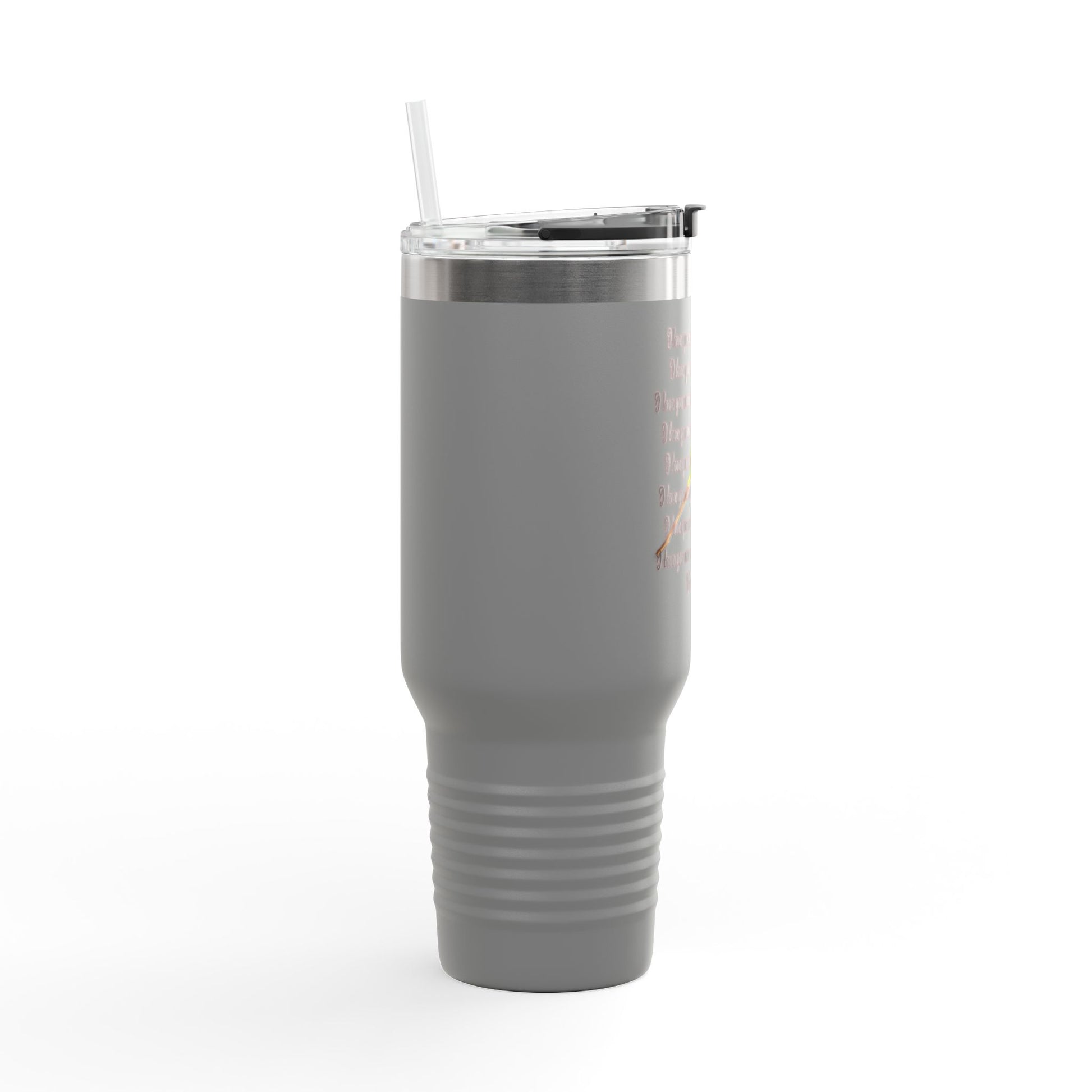 I Love You More travel mug in gray featuring a clear lid and straw for on-the-go beverages