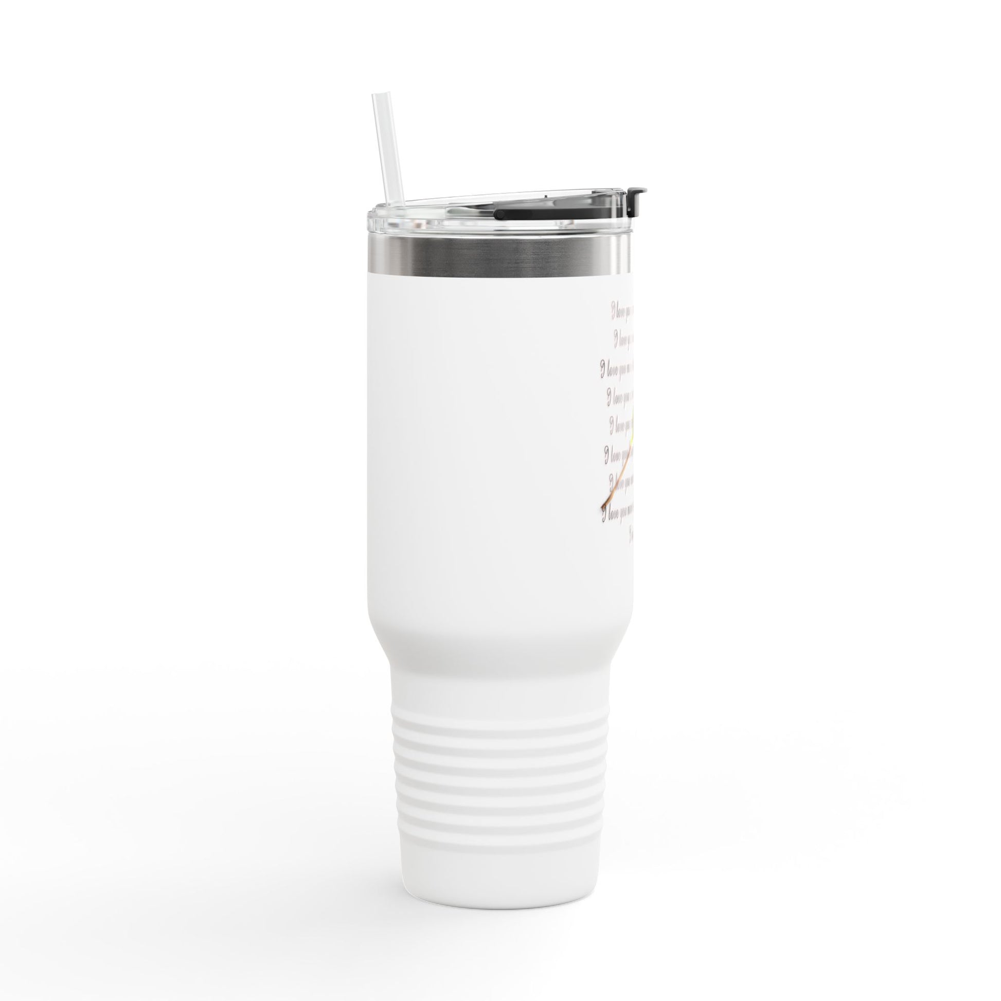 I Love You More travel mug in white with a stylish design and reusable straw for daily use